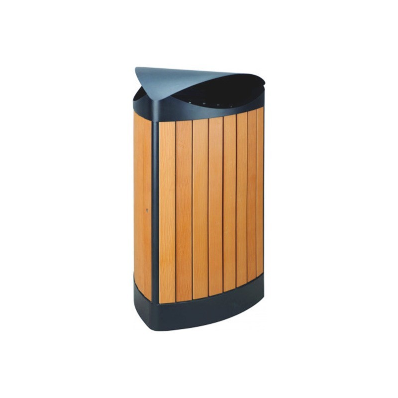 Poubelle d'extérieur triangulaire 60 L en métal et plastique aspect bois
